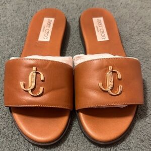 Jimmy Choo Brown Slide Sandals with Gold Logo